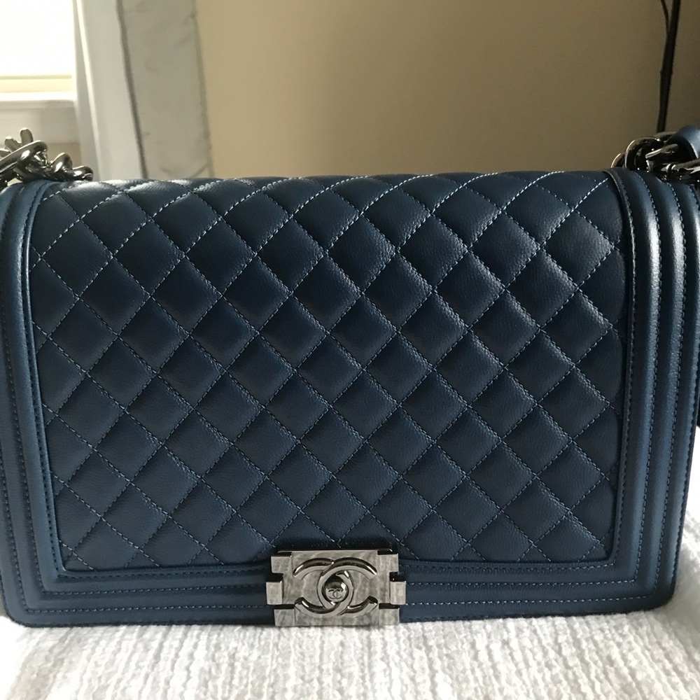 CHANEL le boy navy caviar with silver hardware